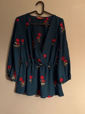 ModCloth Teal Floral Embroidered Wrap Peplum Top with Red Roses